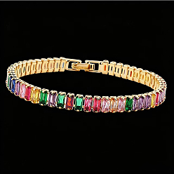 Colorido Pulseras de tenis rectangulares de latón con circonitas cúbicas para mujer., dorado, colorido, 7.09 pulgada (18 cm)