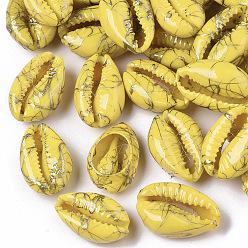 Yellow Spray Painted Natural Cowrie Shell Beads, Drawbench, No Hole/Undrilled, Yellow, 18~21x12~15x7mm
