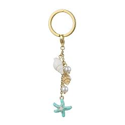 Starfish Alloy Enamel & Spiral Shell Pendant Keychains, with Glass Pearl and Iron Split Key Rings, Starfish, 9.6cm