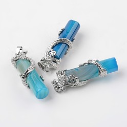 Полосатый Агат Трубчатые агатовые / полосатые агатовые подвески, с латунной фурнитурой дракона , платина, 48x15x10 мм, отверстие : 7x5 мм