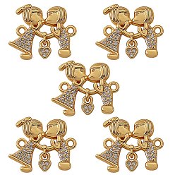 Real 18K Gold Plated 5Pcs Brass Micro Pave Clear Cubic Zirconia Links Connectors, Long-Lasting Plated, Couples, Real 18K Gold Plated, 16.5x19.5x2.5mm, Hole: 1.5mm