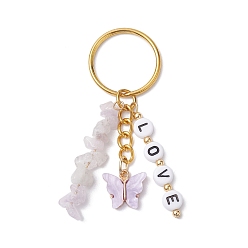 Golden Alloy Acrylic Enamel with Natural Amethyst Keychain, Butterfly, Word LOVE, Golden, 72mm