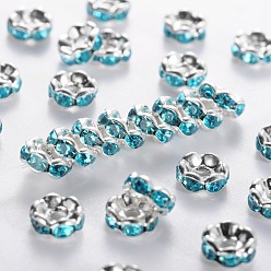 Cyan Brass Rhinestone Spacer Beads, Grade A, Blue Rhinestone, Silver Color Plated, Nickel Free, about 6mm in diameter, 3mm thick, hole: 1mm