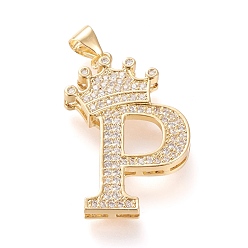 Letter P Латунные микро проложить кубического циркония подвески, долговечный, со сменными под залог, letter.p с короной, реальный 18 k позолоченный, прозрачные, letter.p, р: 28x19x4 мм, отверстие : 3x4 мм