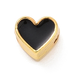 Black Eco-friendly Rack Plating Brass Enamel Beads, Cadmium Free & Lead Free, Long-Lasting Plated, Real 18K Gold Plated, Heart, Black, 7x7.5x5mm, Hole: 1.2mm