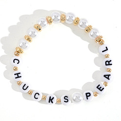 Белый Минималистичные абс имитация жемчуга круглые бусины эластичные браслеты для женщин, слово chucks жемчужина, с акрилом и латунью, белые, внутренний диаметр: 6-7/8 дюйм (17.5 см)