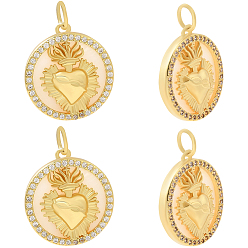 Прозрачный 6 шт. подвески из золотистой латуни с микропаве из кубических цирконий, с оболочкой и кольцами для прыжков, плоско-круглые с сердцем, прозрачные, 17.5x15.5x3 мм, отверстие : 3 мм