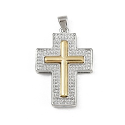 Real Gold Plated & Real Platinum Plated Латунные микро проложить кубического циркония подвески, крест прелести, без кадмия и без свинца, стойки покрытие, долговечный, настоящее золото и платина, 32x22x4 мм, отверстие : 4x3.5 мм
