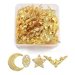 Golden Iron Filigree Metal Embellishments, Star & Crescent Moon & Triangle & Flower, Golden, 96pcs/box