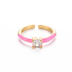 Pearl Pink Brass Enamel Cuff Rings, Open Rings, Solitaire Rings, with Clear Cubic Zirconia, Nickel Free, Flat Round, Golden, Pearl Pink, US Size 7(17.3mm)
