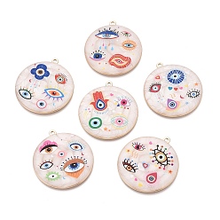 (52) Непрозрачная лаванда Печатные эмали подвески сплава, плоские круглые обереги от сглаза, стойки покрытие, без кадмия и без свинца и без никеля, золотые, разноцветные, 39x36x2.5~3 мм, отверстие : 1.8 мм