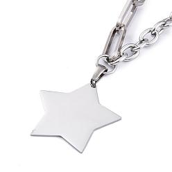 Stainless Steel Color Non-Tarnish 304 Stainless Steel Pendant Necklaces, with Paperclip Chains & Cable Chains, Star, Stainless Steel Color, 17.44 inch(44.3cm)