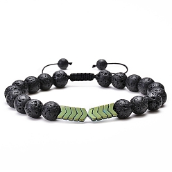 Olive Drab Natural Lava Rock & Synthetic Hematite Arrow Braided Bead Bracelet, Essential Oil Gemstone Jewelry for Women, Olive Drab, 7~11-3/4 inch(17.78~29.972cm)