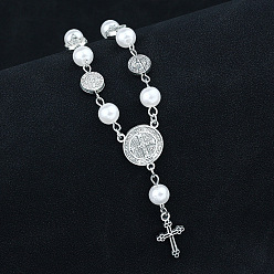 Белый Браслеты с подвесками из сплава святого бенедикта и креста, браслет из пластиковых четок, белые, 7-1/2 дюйм (19 см)