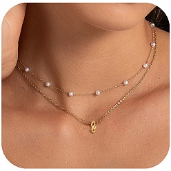 Letter F 2 шт. 304 двухслойные ожерелья с подвеской в виде буквы из нержавеющей стали и белого пластика с имитацией жемчуга, золотые, Буква F, 17.72 дюйм (45 см)