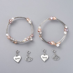 Platinum Wrap Bracelets, with Natural Pearl Beads, Tibetan Style Alloy Charms, Three Loops, Platinum, 2-1/8 inch(5.4cm)