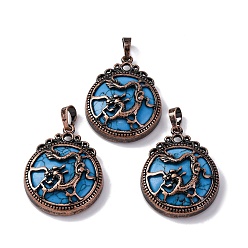 Синтетическая Бирюза Синтетические бирюзовые подвески, плоские круглые латунные подвески, без свинца и без кадмия, 34.5x27x8 мм, отверстие : 6.5x5 мм