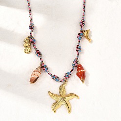 Морская звезда Летний пляж 304 Женские подвески из нержавеющей стали и натуральных ракушек с гальваническим покрытием, регулируемые шнуры из полиэстера, с керамикой, искусственным жемчугом и стеклом, реальный 18 k позолоченный, морская звезда, 23.62 дюйм (60 см)