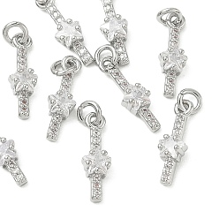Real Platinum Plated SHEGRACE Brass Micro Pave Cubic Zirconia Pendants, Cadmium Free & Nickel Free & Lead Free, Star Charms, Clear, Real Platinum Plated, 14.5x4.5x3mm, Hole: 2mm