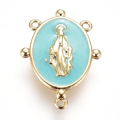 Аквамарин Звенья компонентов люстры из позолоченной латуни, с эмалью, овальные с рисунками " virgin mary", аквамарин, 17.5x13x2 мм, отверстие : 0.8 мм