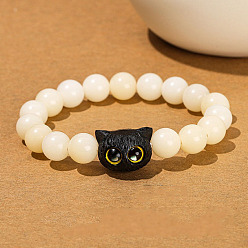 Белый Нефрит Натуральный белый нефрит круглых бусин растянуть браслеты, форма кошки, внутренний диаметр: 2-1/8 дюйм (5.5 см)
