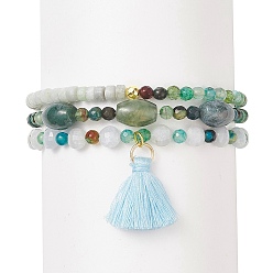 Mixed Stone 3Pcs 3 Style Natural Agate & Aquamarine & Celestite Beaded Stretch Bracelets Set, Tassel Charms Stackable Bracelets for Women, Inner Diameter: 2-1/8 inch(5.3~5.5cm), 1Pc/style