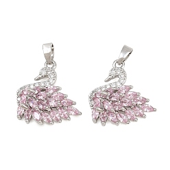 Platinum Brass Micro Pave Pearl Pink Cubic Zirconia Pendants, Swan Charms, Platinum, 18.5x18.5x6mm, Hole: 5x2mm