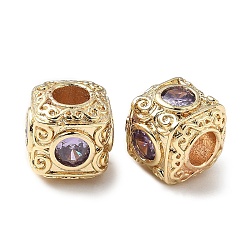 Золотой Латунные кубические сиреневые циркониевые европейские бусины, долговечный, кубические, золотые, 9.5x9.5x9.5 мм, отверстие : 4 мм