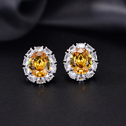 Orange Brass Micro Pave Cubic Zirconia Oval Stud Earrings for Women, Platinum, Orange, 18x15.7mm