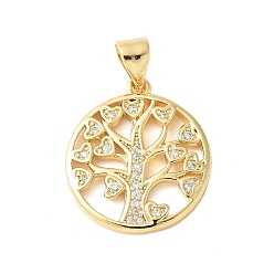 Настоящее золото 18K Латунные микро проложить кубического циркония подвески, без кадмия и без свинца, круглые с деревом, реальный 18 k позолоченный, 19x17x2.5 мм, отверстие : 3.5x5.5 мм