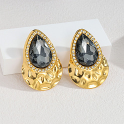 Черный 304 Серьги-гвоздики из нержавеющей стали и стекла, с кристально горный хрусталь, слеза, золотые, чёрные, 54x36 мм