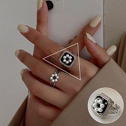 Rectangle Открытое кольцо-манжета из пластикового жемчуга с эмалью, платиновые латунные украшения для женщин, прямоугольник, размер США 8 (18.1 мм)