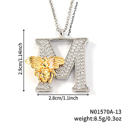 Letter M Подвеска в виде пчелы с микропаве из прозрачного кубического циркония в виде микрофибры, латунная, с инициалами., платиной и золотом, Буква М, 15.75 дюйм (40 см), Кулон : 29x28 мм