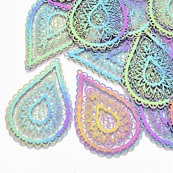 Rainbow Color Ионное покрытие (ip) 201 большие филигранные подвески из нержавеющей стали, гравированные металлические украшения, слеза, Радуга цветов, 65x42x0.3 мм, отверстие : 1.8 мм