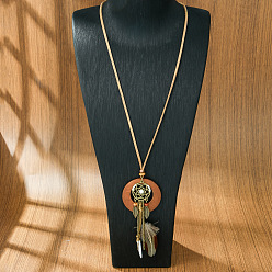 Лист Богемный сплав и дерево подвеска кисточка искусственная кожа шнур длинные ожерелья для женщин, античная бронза, Перу, лист, 15.75 дюйм (40 см)