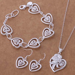 Сердце Латунное ожерелье с подвеской, серьга-гвоздик и кольцо, 925 серебро покрытием, сердце, 450мм и 200мм и 31x16мм