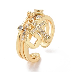 Настоящее золото 18K Открытое кольцо с подвесками в виде креста, монеты и звезды из прозрачного кубического циркония, украшения из латуни для женщин, без кадмия и без свинца, реальный 18 k позолоченный, размер США 6 3/4 (17.1 мм)