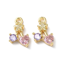 Настоящее золото 18K Латунные микро проложить кубического циркония прелести, без кадмия, без никеля и без свинца, звезда с плоскими круглыми подвесками и сердечками, реальный 18 k позолоченный, 11x8x3 мм, отверстие : 1 мм