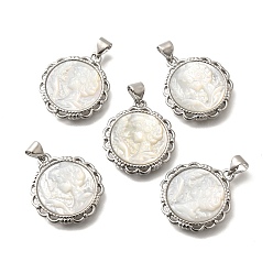 Платина Латунь с резными подвесками из натуральной ракушки, стойки покрытие, плоско-круглые, платина, 22x19.5x3.5 мм, отверстие : 3x4 мм