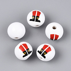 Красный Рождественские деревянные бусины сима, окрашенные распылением, печатные бисера, круглые, красные, 19~20x17.5~18 мм, отверстие : 4~5 мм