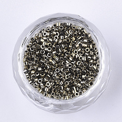 Dark Goldenrod Electroplate Glass Cylinder Beads, Seed Beads, Round Hole, Metallic Colours, Dark Goldenrod, 1.5~2x1~2mm, Hole: 0.8mm, about 8000pcs/bag, about 85~95g/bag