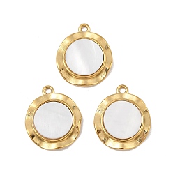 Настоящее золото 18K Натуральный белый оболочки плоские круглые подвески, с 304 фурнитурой из нержавеющей стали, вакуумное покрытие pvd, реальный 18 k позолоченный, 22.5x19x4 мм, отверстие : 1.8 мм