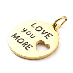 Real 14K Gold Plated 304 Stainless Steel Charms, with Enamel and Jump Ring, Flat Round with Word Love You More & Heart, Real 14K Gold Plated, 13.5x12x1mm, Hole: 2.6mm