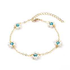 Teal Shell Pearl & Acrylic Beads Flower Link Bracelets, with Brass Cable Chains, Golden, Teal, 2mm, 7-1/4 inch(18.4cm)