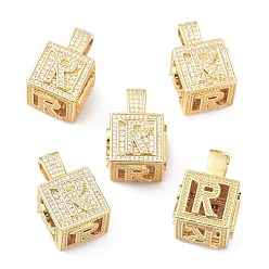 Letter R Кулоны из латуни с микропейвом и прозрачным фианитом, реальный 18 k позолоченный, куб с письмом, буква r, 26x17x17 мм, отверстие : 5x8 мм