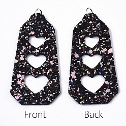 Black PU Leather Big Pendants, with Sequins/ Paillettes and Platinum Tone Iron Jump Rings, Polygon with Heart, Black, 62x31x2mm, Hole: 5mm