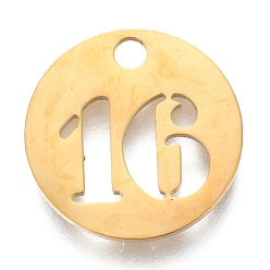 Number 304 подвески из нержавеющей стали, отрезать, полый, плоские круглые с номером, золотые, кол. 16, 19x1.5 мм, отверстие : 2.5 мм