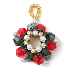 Белый Рождественские стеклянные подвески, с бисером и пластиковым жемчугом, Рождественский венок, белые, 33.5x26.5x9.7 мм, отверстие : 3.9 мм