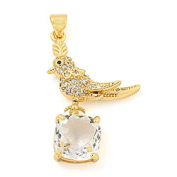 Clear Rack Plating Brass Micro Pave Clear Cubic Zirconia Pendants, with Glass, Long-Lasting Plated, Cadmium Free & Lead Free, Real 18K Gold Plated, Bird Charms, Clear, 32x20x6mm, Hole: 4x3.5mm