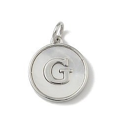 Letter G Латунный паве натуральный ракушка плоский круглый с буквенными подвесками, платина, долговечный, без свинца и без кадмия, стойки покрытие, цвет морской раковины, Буква G, 15x13x2 мм, отверстие : 3 мм